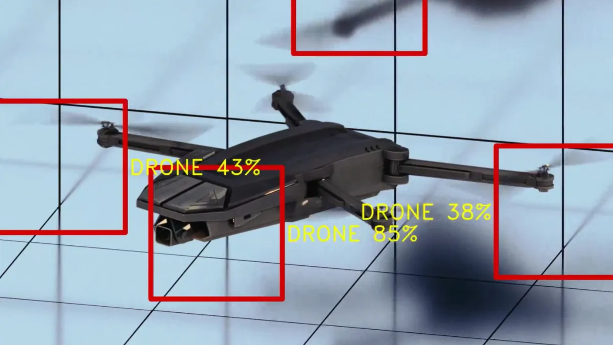 Illustration by Evan Grothjan depicting a drop and several red boxes with the words "Drone" and a percentage next to it. 