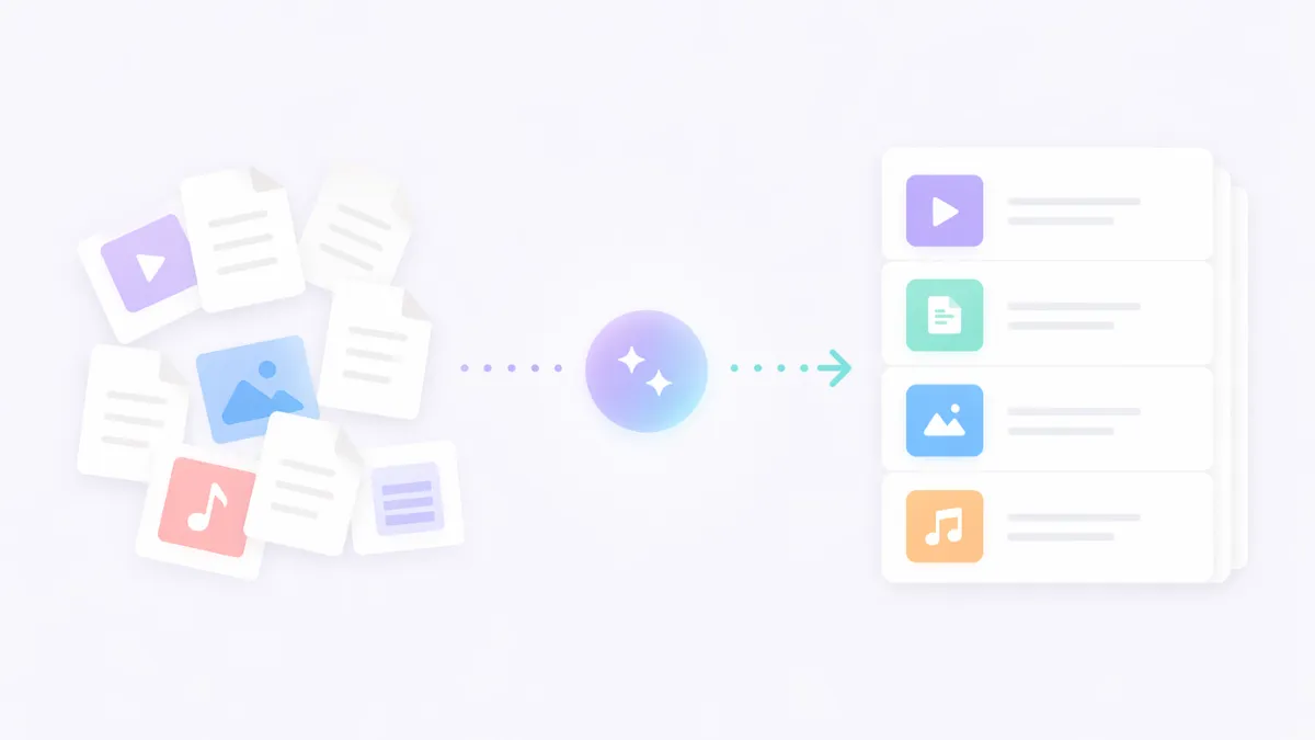 An illustration showing a transformation from disorder to structure: on the left, a scattered cluster of unlabeled document and media icons; in the center, a small glowing AI symbol; and on the right, a clean, neatly stacked set of uniform content cards, representing organized and usable information.