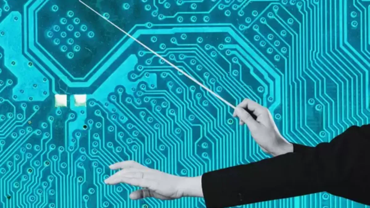 Hands are shown making conducting gestures against a backdrop of a glowing turquoise circuit board. Image by Amal Baidas.