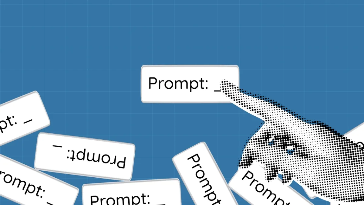 A hand holding a piece of paper that says "prompt", with several other similar papers piled at the bottom of the image. 