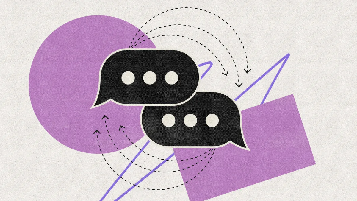 A stylized illustration of two overlapping black chat bubbles with three dots each, set against abstract purple shapes and dotted arrows, suggesting ongoing conversation, message flow, or digital communication.