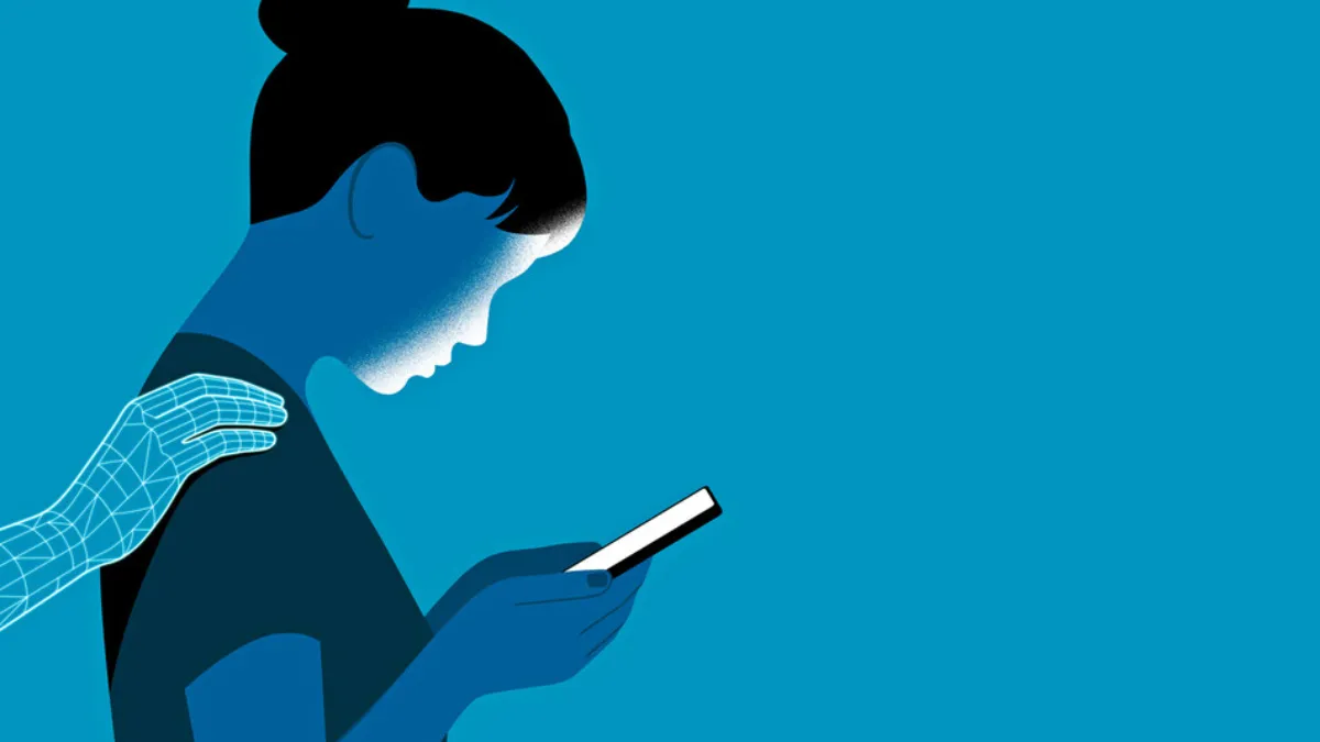 A woman is looking at her phone, and a hand depicting artificial intelligence is grabbing her shoulder from behind. 