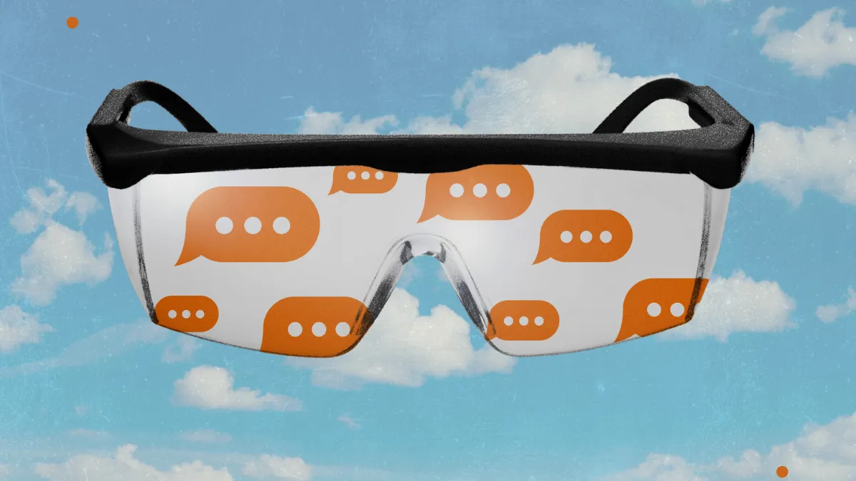 A pair of smart glasses displaying chat icons against a blue sky. Illustration by CJR