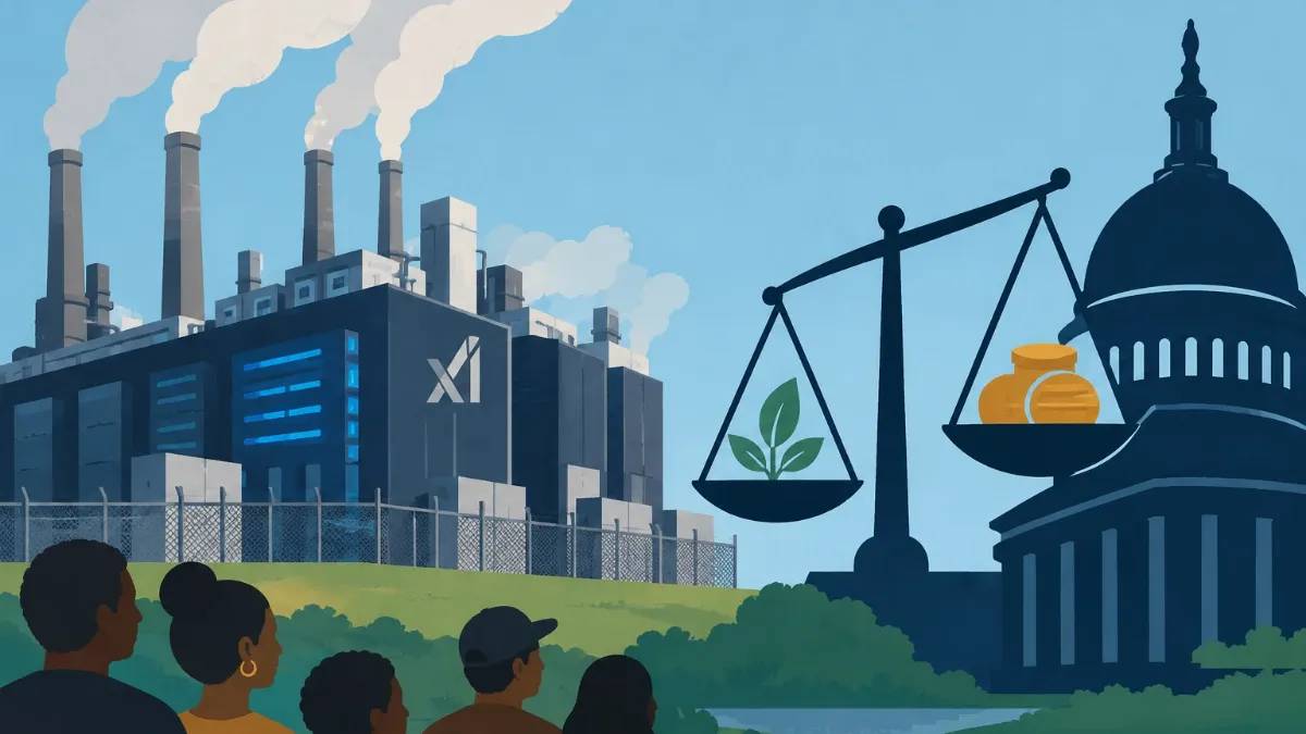 An AI data center emits pollution as local residents stand nearby, while a justice scale symbolizes the conflict between environmental protection, corporate interests, and government power.