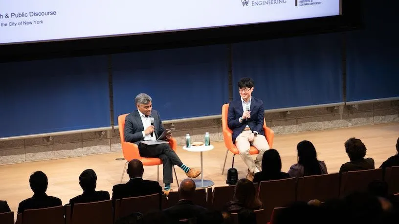 Garud Iyengar (left), senior vice dean of research at Columbia Engineering, in conversation with keynote speaker, Tatsunori B. Hashimoto, computer science professor at Stanford
