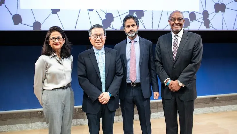 From left to right: Columbia University President Minouche Shafik, Columbia Engineering Dean Shih-Fu Chang, Knight First Amendment Institute Executive Director Jameel Jaffer, and Columbia Interim Provost Dennis Mitchell