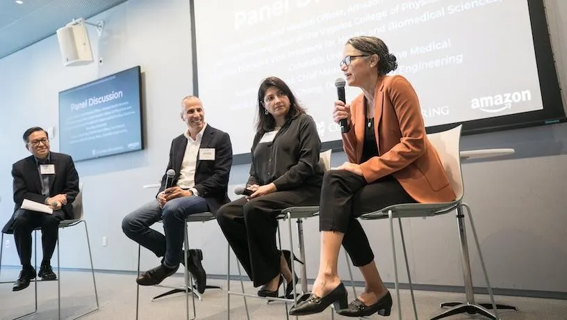 Sunita Mishra (Chief Medical Officer, Amazon Health Services), Katrina Armstrong (Dean, Vagelos College of Physicians and Surgeons, CUIMC), Andrew Diamond (Chief Medical Officer, One Medical), and moderator Shih-Fu Chang (Dean, Columbia Engineering). Credit: Timothy Lee