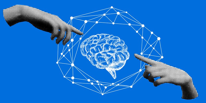image of hands surrounding data points with a brain