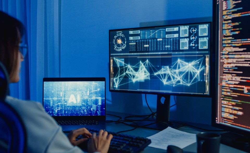 Woman at computer with 2 monitors representing AI and coding