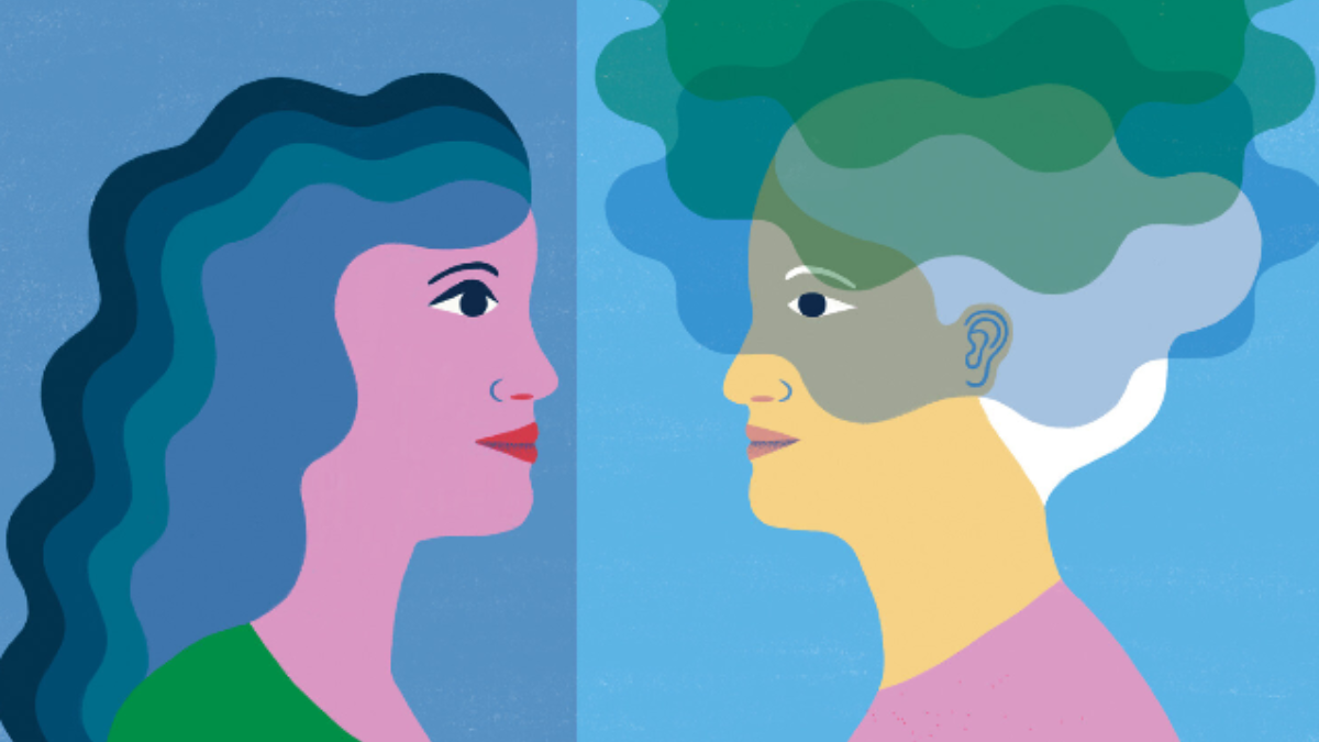 Illustration of two women facing each other against a blue background; the woman on the left has purple skin and wavy blue hair, while the woman on the right has yellow skin with green and grey hair, symbolizing reflection or dual perspectives.