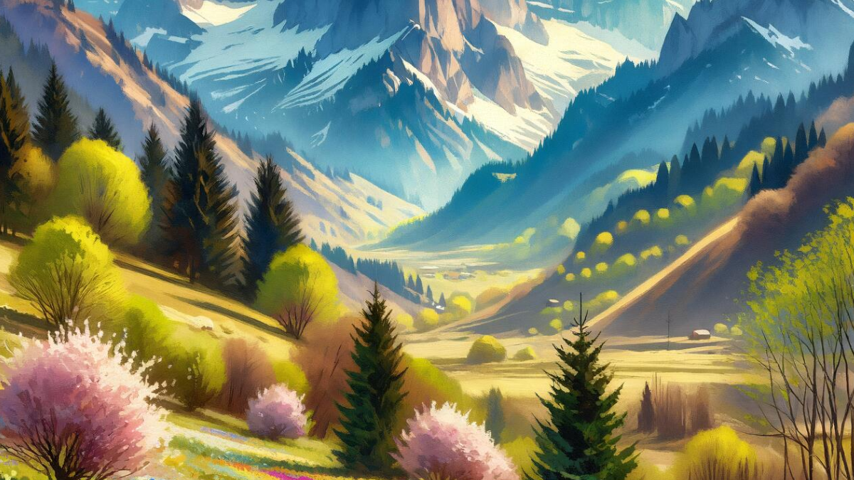 Digital painting of a vibrant mountain valley in spring, featuring snow-capped peaks in the background, lush green pine trees and deciduous trees with fresh bright green and pink blossoms in the foreground, and scattered small cottages in the sunlit valley below.